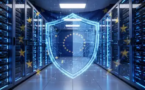 Ein futuristisches Rechenzentrum mit leuchtend blauen Serverracks und einem abstrakten digitalen Schild, das Datensicherheit symbolisiert. - Foto: über boerse-global.de