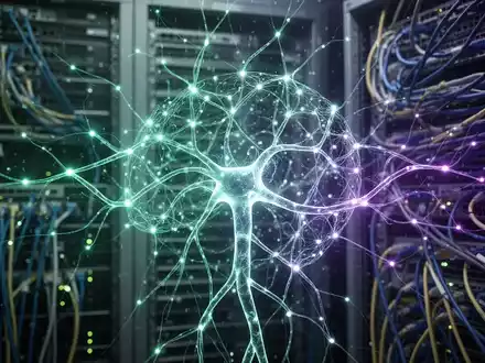Ein abstraktes, leuchtendes neuronales Netzwerk, das künstliche Intelligenz darstellt, über Server-Racks und Netzwerkkabeln. - Foto: über boerse-global.de