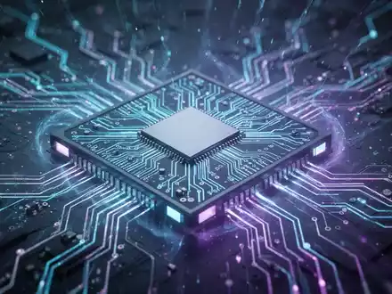 A close-up of a futuristic microchip glowing with blue and purple light, illustrating advanced AI technology. - Foto: über boerse-global.de