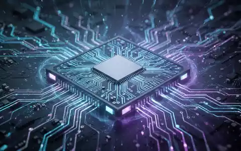 A close-up of a futuristic microchip glowing with blue and purple light, illustrating advanced AI technology. - Foto: über boerse-global.de