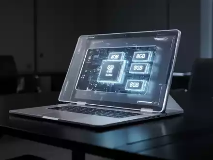 A close-up of a sleek, modern laptop with glowing 8GB RAM modules visible, representing the comeback of 8GB notebooks. - Foto: über boerse-global.de