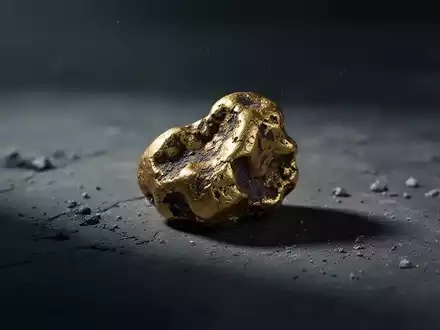 Ein einzelner, verwitterter Goldklumpen liegt auf einer dunklen, texturierten Oberfläche, teilweise im Schatten. - Foto: über boerse-global.de