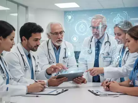 Medizinisches Team bespricht Patientenfall vor digitalem Interface, das integrative Schmerztherapie und Technologie symbolisiert. - Foto: über boerse-global.de