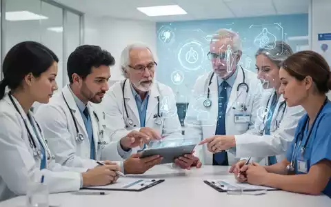 Medizinisches Team bespricht Patientenfall vor digitalem Interface, das integrative Schmerztherapie und Technologie symbolisiert. - Foto: über boerse-global.de