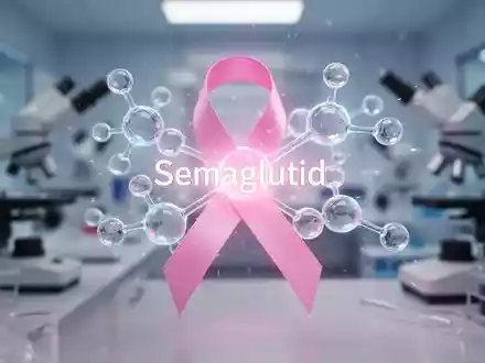 Eine stilisierte, leuchtende Semaglutid-Molekülstruktur, verbunden mit einer rosa Schleife, vor einem unscharfen Laborhintergrund. - Foto: über boerse-global.de
