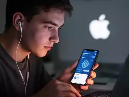 A young student, Anton Baranov, intently looking at an iPhone, wearing AirPods, with a laptop in the background. - Foto: über boerse-global.de