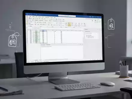 A modern desktop computer displays Microsoft Office software, with a subtle indication of a price reduction. Focus on productivity. - Foto: über boerse-global.de