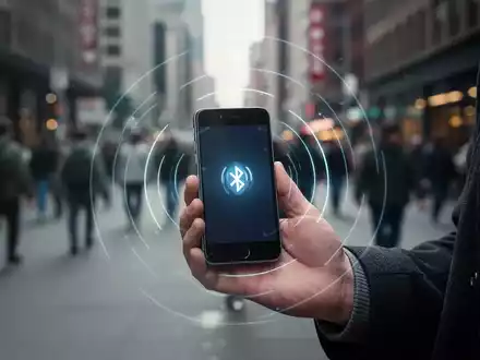 Eine Hand hält ein Smartphone in einer belebten Stadtumgebung, von dem schwache, leuchtende Linien als drahtlose Signale ausgehen. - Foto: über boerse-global.de