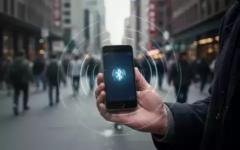 Eine Hand hält ein Smartphone in einer belebten Stadtumgebung, von dem schwache, leuchtende Linien als drahtlose Signale ausgehen. - Foto: über boerse-global.de