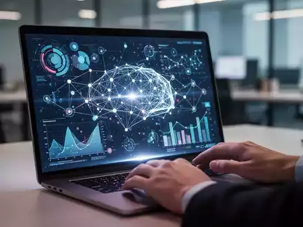 A modern laptop screen showing an AI-generated presentation with data visualizations, with hands poised over the keyboard. - Foto: über boerse-global.de