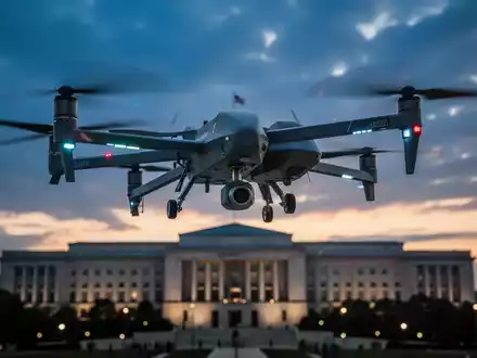Eine moderne Militärdrohne fliegt vor einem dramatischen Dämmerungshimmel mit dem Pentagon im Hintergrund. - Foto: über boerse-global.de
