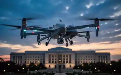Eine moderne Militärdrohne fliegt vor einem dramatischen Dämmerungshimmel mit dem Pentagon im Hintergrund. - Foto: über boerse-global.de