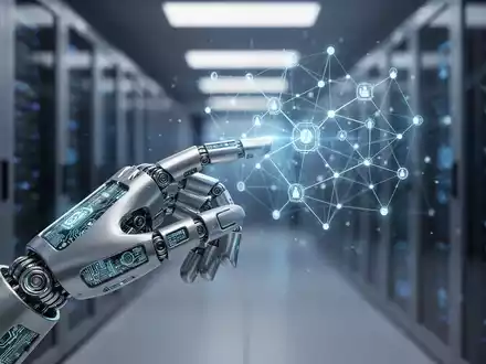 A sophisticated humanoid robot hand interacts with a holographic projection of data, set against a futuristic AI data center background. - Foto: über boerse-global.de