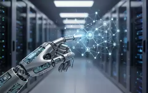A sophisticated humanoid robot hand interacts with a holographic projection of data, set against a futuristic AI data center background. - Foto: über boerse-global.de
