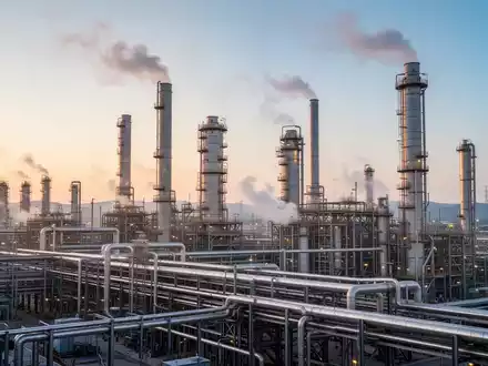 Ein weitläufiger chemischer Produktionskomplex in Zhanjiang, China, mit komplexen Rohrleitungen und hohen Türmen bei Sonnenaufgang. - Foto: über boerse-global.de