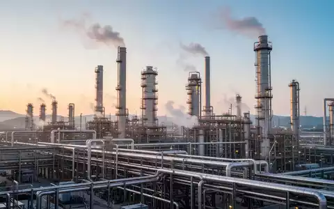 Ein weitläufiger chemischer Produktionskomplex in Zhanjiang, China, mit komplexen Rohrleitungen und hohen Türmen bei Sonnenaufgang. - Foto: über boerse-global.de