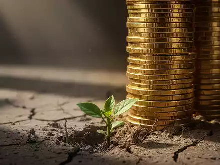 Ein hoher Stapel Goldmünzen über einer kleinen, wachsenden Pflanze in trockener Erde, symbolisiert Vermögensungleichheit. - Foto: über boerse-global.de