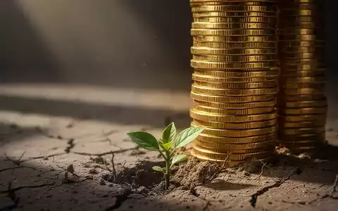 Ein hoher Stapel Goldmünzen über einer kleinen, wachsenden Pflanze in trockener Erde, symbolisiert Vermögensungleichheit. - Foto: über boerse-global.de