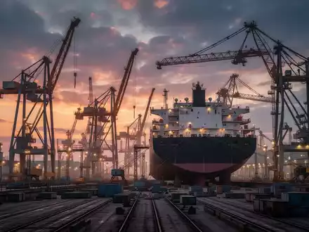 Eine moderne Schiffbauanlage in Wismar bei Sonnenuntergang, mit Kränen und beleuchteten Gebäuden, die Ausbau und Investition andeuten. - Foto: über boerse-global.de