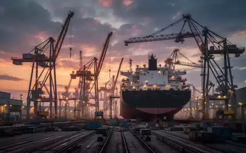 Eine moderne Schiffbauanlage in Wismar bei Sonnenuntergang, mit Kränen und beleuchteten Gebäuden, die Ausbau und Investition andeuten. - Foto: über boerse-global.de