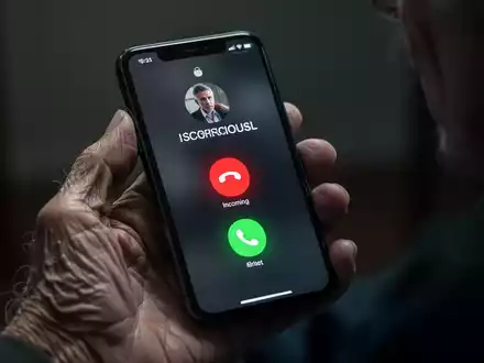 Eine ältere Hand hält ein Smartphone, das einen verdächtigen Anruf anzeigt, im Hintergrund verschwommen. - Foto: über boerse-global.de