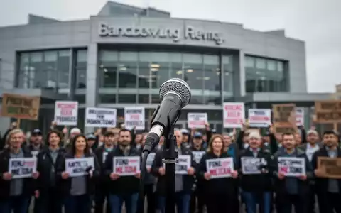 Ein Mikrofon im Vordergrund, im Hintergrund verschwommene streikende Medienmitarbeiter vor einem modernen Rundfunkgebäude. - Foto: über boerse-global.de