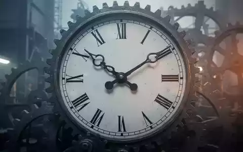 Eine stilisierte Uhr mit Zahnrädern, teilweise verdeckt von abstrakten Industriemaschinen, die Arbeit und Zeit symbolisieren. - Foto: über boerse-global.de