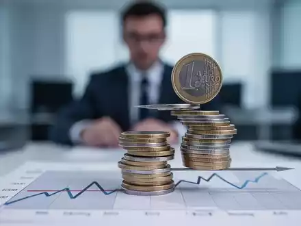 Ein unscharfer Büroangestellter im Hintergrund. Im Vordergrund ein Stapel Euro-Münzen auf einem flachen Diagramm, das stagnierende Produktivität symbolisiert. - Foto: über boerse-global.de