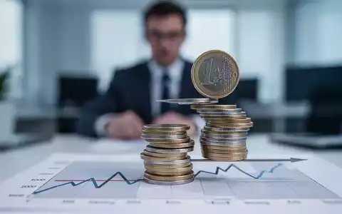 Ein unscharfer Büroangestellter im Hintergrund. Im Vordergrund ein Stapel Euro-Münzen auf einem flachen Diagramm, das stagnierende Produktivität symbolisiert. - Foto: über boerse-global.de