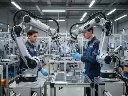 Menschlicher Arbeiter und Roboterarm in einer modernen Fabrik, die Ergonomie und Automatisierung am Arbeitsplatz symbolisieren. - Foto: über boerse-global.de
