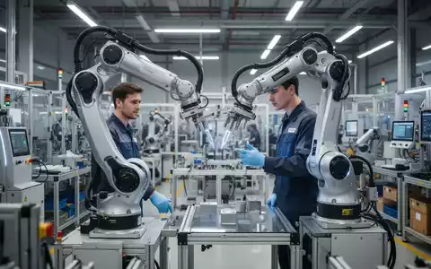 Menschlicher Arbeiter und Roboterarm in einer modernen Fabrik, die Ergonomie und Automatisierung am Arbeitsplatz symbolisieren. - Foto: über boerse-global.de