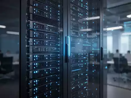 Ein moderner Server-Rack mit blauen Lichtern in einem dynamischen Büroumfeld, der Technologie und Wachstum symbolisiert. - Foto: über boerse-global.de