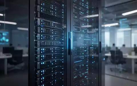 Ein moderner Server-Rack mit blauen Lichtern in einem dynamischen Büroumfeld, der Technologie und Wachstum symbolisiert. - Foto: über boerse-global.de