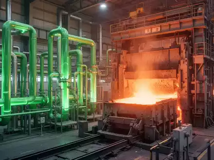 Eine moderne Stahlproduktionsanlage mit Dampf und warmem Licht, die den Übergang zu umweltfreundlicheren Technologien symbolisiert. - Foto: über boerse-global.de