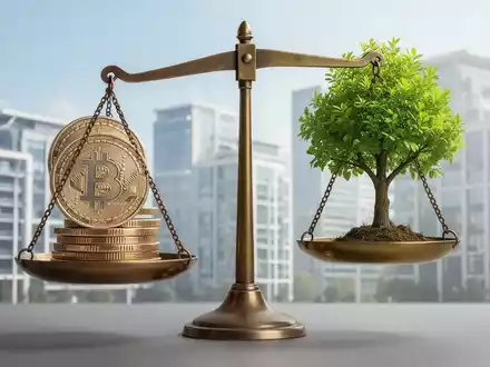 Eine Waage, die auf der einen Seite Euro-Münzen und auf der anderen einen grünen Baum ausbalanciert, vor unscharfen modernen Gebäuden. - Foto: über boerse-global.de