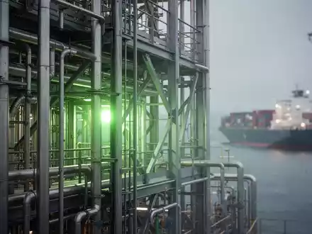 Nahaufnahme einer Industrieanlage mit Stahlstrukturen und Rohren, die ein grünes Licht ausstrahlen, im Hintergrund ein Frachtschiff. - Foto: über boerse-global.de