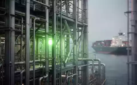 Nahaufnahme einer Industrieanlage mit Stahlstrukturen und Rohren, die ein grünes Licht ausstrahlen, im Hintergrund ein Frachtschiff. - Foto: über boerse-global.de