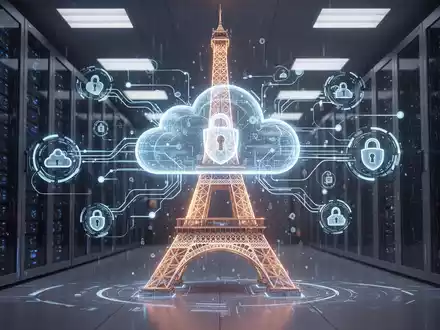 Digitaler Eiffelturm, umgeben von Cloud-Computing-Symbolen und Datenflüssen, der technologische Investitionen in Frankreich darstellt. - Foto: über boerse-global.de
