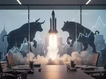 Eine stilisierte Rakete startet vor dem Hintergrund von Bullen- und Bärensilhouetten, die Marktmechanismen darstellen, und einem subtilen Zinsdiagramm. - Foto: über boerse-global.de