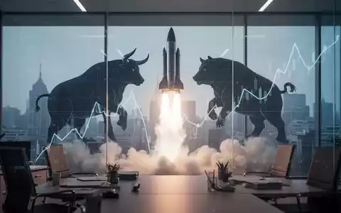 Eine stilisierte Rakete startet vor dem Hintergrund von Bullen- und Bärensilhouetten, die Marktmechanismen darstellen, und einem subtilen Zinsdiagramm. - Foto: über boerse-global.de