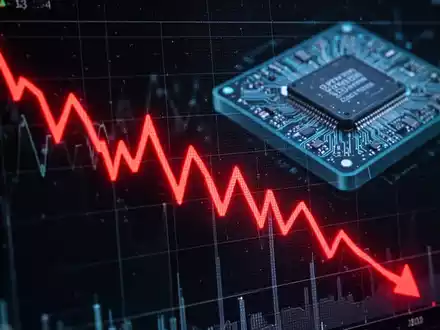 Ein steil fallender roter Börsenkurs auf einem digitalen Bildschirm mit einem verschwommenen Quantencomputerchip im Hintergrund. - Foto: über boerse-global.de