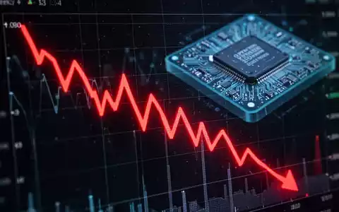 Ein steil fallender roter Börsenkurs auf einem digitalen Bildschirm mit einem verschwommenen Quantencomputerchip im Hintergrund. - Foto: über boerse-global.de