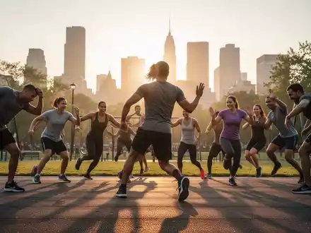 Eine vielfältige Gruppe von Menschen nimmt an einem energiegeladenen Outdoor-HIIT-Training in einem Stadtpark bei Sonnenaufgang teil. - Foto: über boerse-global.de