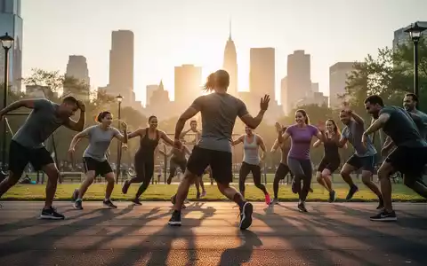 Eine vielfältige Gruppe von Menschen nimmt an einem energiegeladenen Outdoor-HIIT-Training in einem Stadtpark bei Sonnenaufgang teil. - Foto: über boerse-global.de