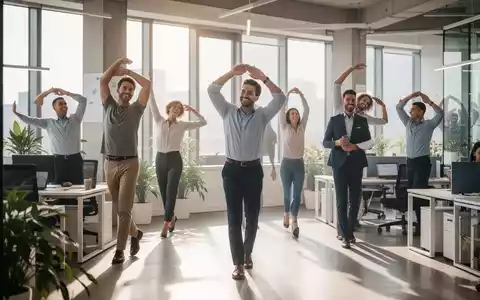 Büroangestellte machen Dehnübungen und kurze Spaziergänge in einem modernen Büro, das von natürlichem Licht durchflutet wird. - Foto: über boerse-global.de