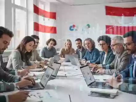 Erwachsene lernen in einem modernen Klassenzimmer mit Laptops und Notizbüchern. Digitale Grafiken symbolisieren Finanzplanung und Weiterbildung. - Foto: über boerse-global.de
