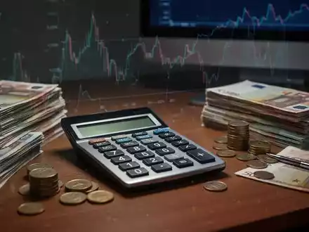 Ein Taschenrechner auf einem Schreibtisch mit Euro-Banknoten und Münzen, daneben ein Bildschirm mit Diagrammen. - Foto: über boerse-global.de