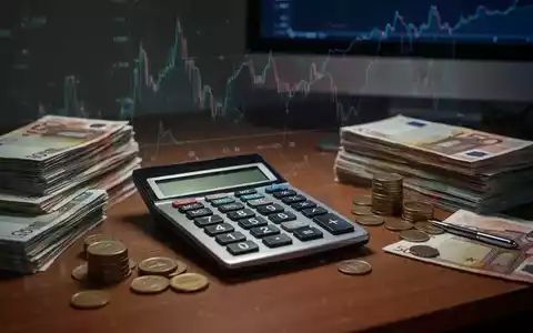 Ein Taschenrechner auf einem Schreibtisch mit Euro-Banknoten und Münzen, daneben ein Bildschirm mit Diagrammen. - Foto: über boerse-global.de