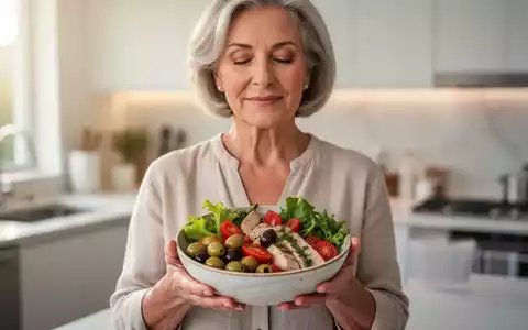 Eine ruhige Frau in den 50ern hält eine Schüssel mit frischen mediterranen Speisen in einer hellen Küche. - Foto: über boerse-global.de
