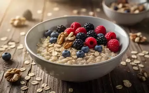 Eine Nahaufnahme einer gesunden Frühstücksschale mit Haferflocken, frischen Beeren und Nüssen auf einem Holztisch. - Foto: über boerse-global.de